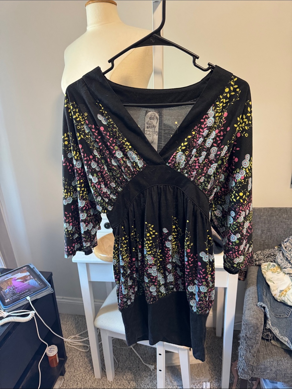 Zara Black Floral V-Neck Dress with Yellow and Pink Accents